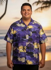 Mens Hawaiian Button-Up Shirt Purple With Tropical Palm  Floral Print Short Sle