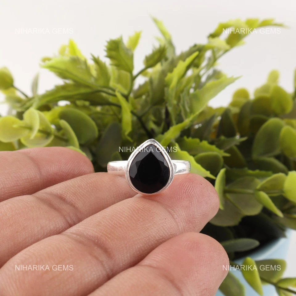 925 Argento Sterling Pera Onice Nera Gemma Fidanzamento Trendy Solitario Anello - Immagine 3 di 4