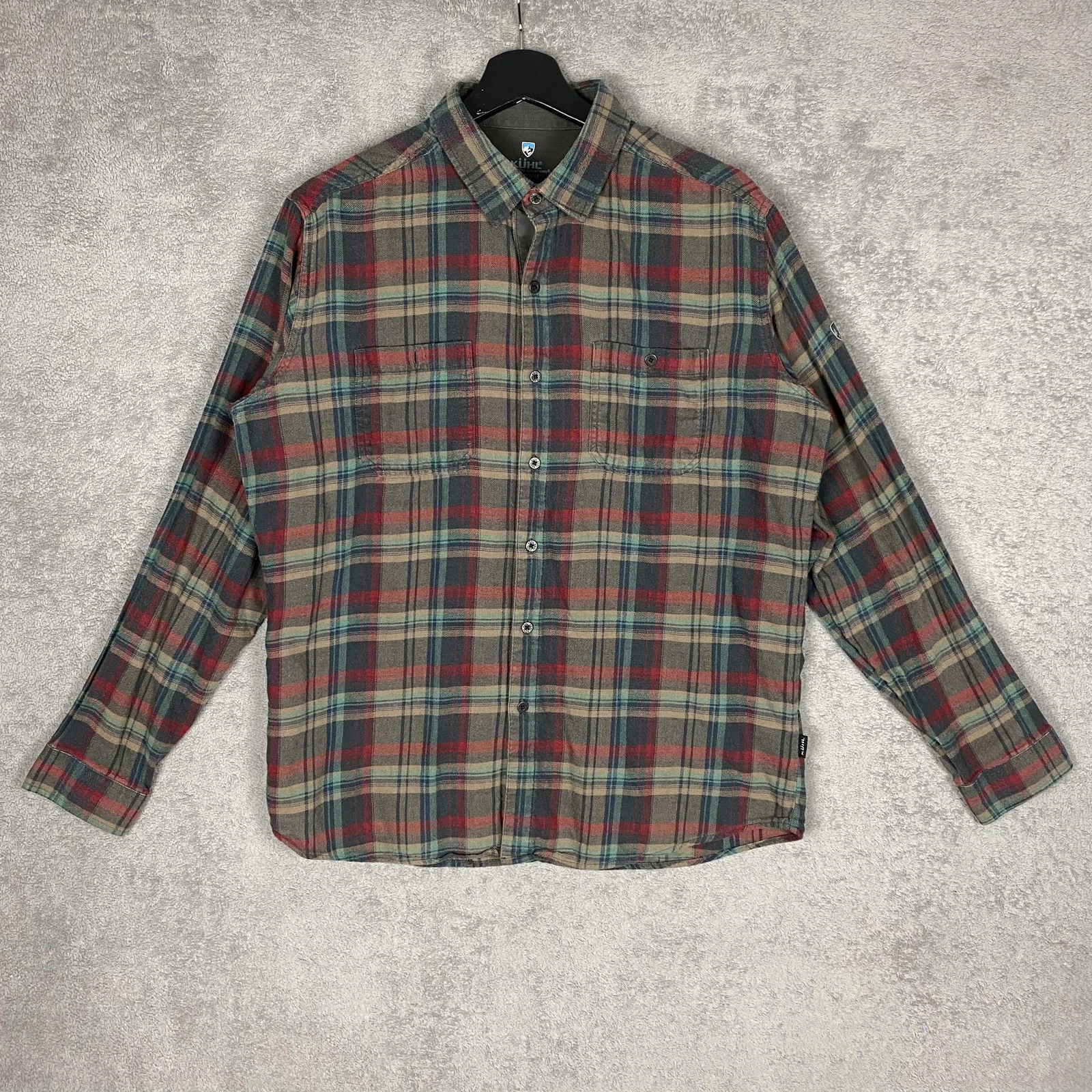Kuhl Shirt Mens Medium Red Green Plaid Flannel Button Front Outdoor Long Sleeve