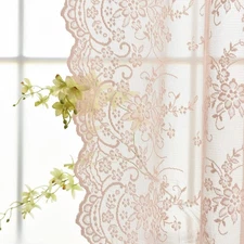 Blush Lace Curtains 84 Inches Long, Embroidery Country Rustic Floral Sheer La...
