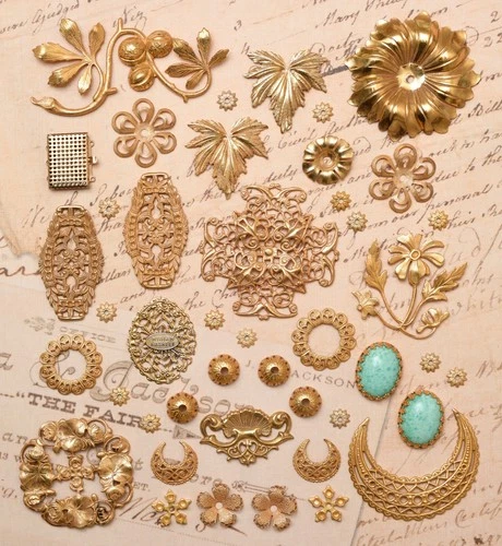 44 Piece Lot Vintage Miriam Haskell Jewelry Parts Stampings Findings Gold Plated