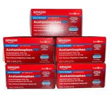 5x Amazon Basic Care Acetaminophen PM Caplets Pain 100 Caplets Ea **2025/Feb