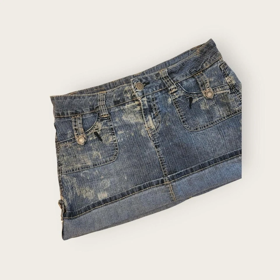 Minifalda vintage Y2k hidráulica lavado medio denim tiro bajo puños talla 9/10 Foto 3 de 4