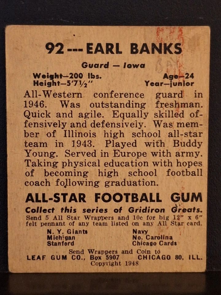 1948 Leaf Football #92 Earl Banks (RC), N.Y. Giants - VG+ - Image 2 of 2