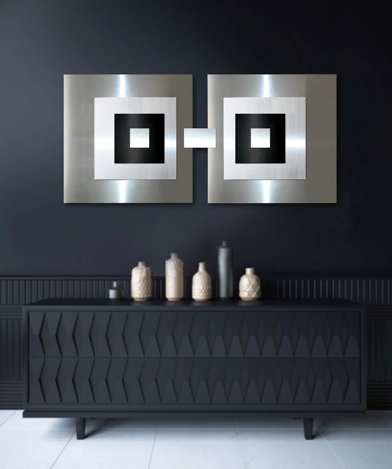 ORIGINAL ABSTRAKT METALL Bild 3D Designer Wandbild Modern Schwarz Silber UNIKAT - Bild 2 von 4