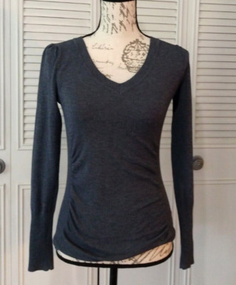 Takeout Gray Fitted V Neck Ruched Ribbed Sides Sweater Size M Womens/Juniors