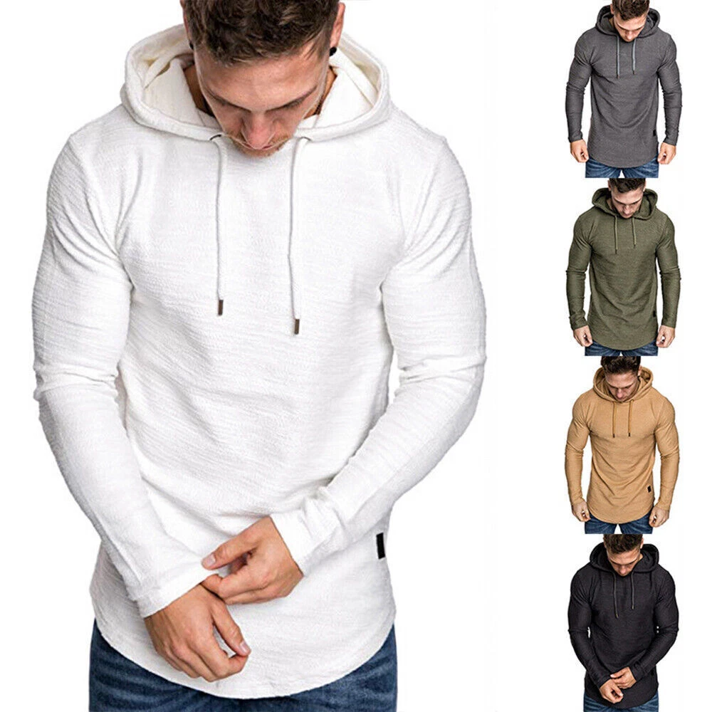 Mens Muscle Hoodie Slim Fit Long Sleeve T shirts Sports Gym Hooded Pullover Tops