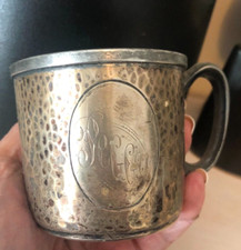 MCM SHEFFIELD Silverplate BABY CUP Hammered OVAL FRONT Personalized "Peggy"