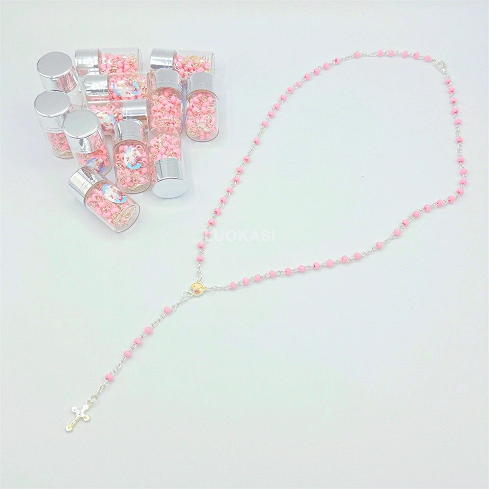 Collar rosario de madera rosa de EE. UU. 4/12 piezas en tarro de vidrio con tapa de plata regalos para baby shower Foto 4 de 4