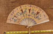 Vintage Japanese Asian Hand Held Paper Fan 8" Delicate Floral Butterfly Print