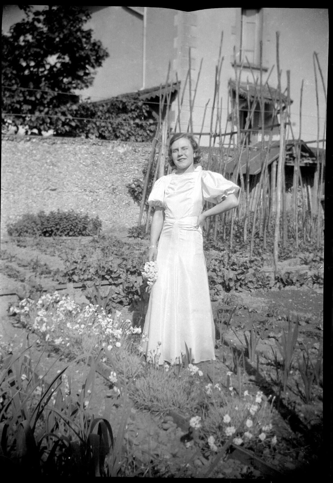 Joven Mujer Vestido Blanco Boda Potager - Negativo Foto Antiguo An. 1940 50