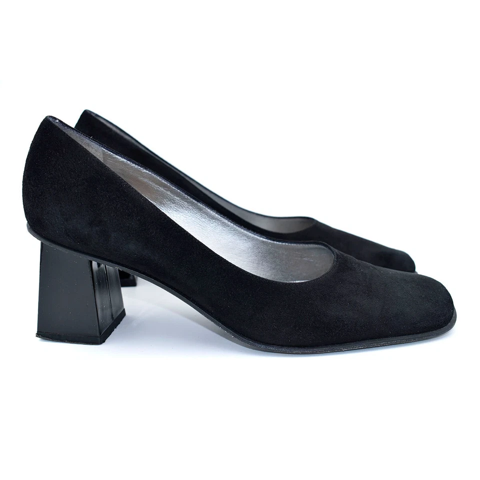 Zapatos de tacón alto Escada $260 negros de gamuza/patente de cuero bloque bajo talla 9,5 M Foto 2 de 4