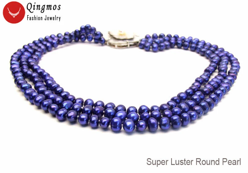 Gargantilhas femininas redondas de pérolas azuis naturais 7-8 mm 3 fios joias 17" - Imagem 3 de 4