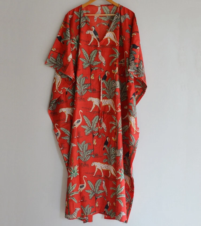 Indian Vintage 100% Cotton Long Beach Maxi Kaftan Dress One Size Caftan Kimono - Image 4 of 4