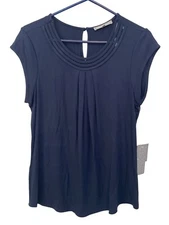 Daniel Rainn Brinn Scoop Neck Pleat Detail Knit Top Size Large Keyhole Navy NEW