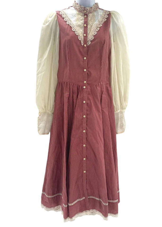 Vestido midi pradaria vintage Gunne Sax Scott McClintock tamanho 10 listrado manga longa - Imagem 4 de 4