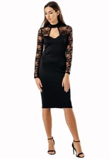 Womens Black Contrast Lace Sleeve Bodycon Midi Dress