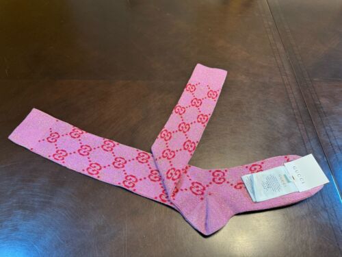 New Authentic Gucci GG Supreme Logo Glittery Socks Pink Size M Women’s / S Men’s