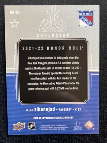 21-22 UD Series 2 Hockey Superstar Honor Roll HR-89 Mika Zibanejad - Picture 2 of 2
