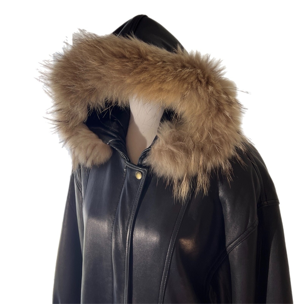 DONNA PELLE PELLE WOMENS' BLACK LAMB LEATHER REAL FUR HOODED COAT/PARKA S