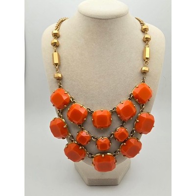Stella & Dot Orange Cabochon Statement Necklace - Gold Tone BIB 18''