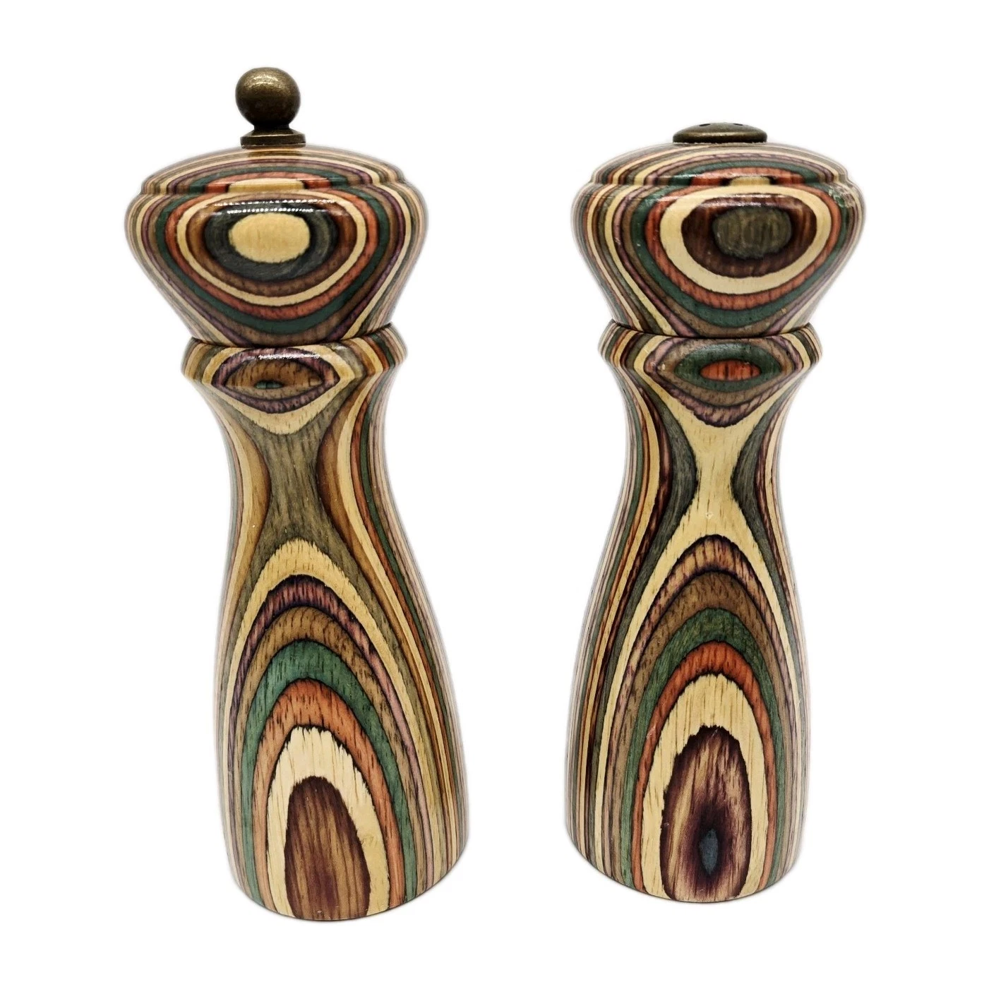 Mr Dudley Pepper Grinder & Salt Shaker Multi-Color Striped Wood Hand Crafted