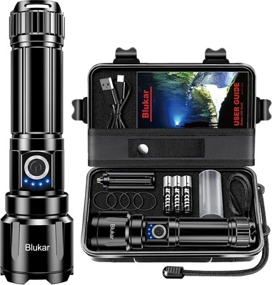 Blukar Taschenlampe LED Aufladbar, 500000 Lumen Extrem Hell Zoombare Taktische