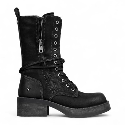 Windsorsmith Damen-Bikerschuhe Raffung schwarz Wildleder Combat halbhoch Schnürschuhe