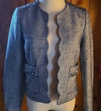 Banana Republic Navy Blue And Silver Tweed Fringe Trim Open Front Blazer Sz 0