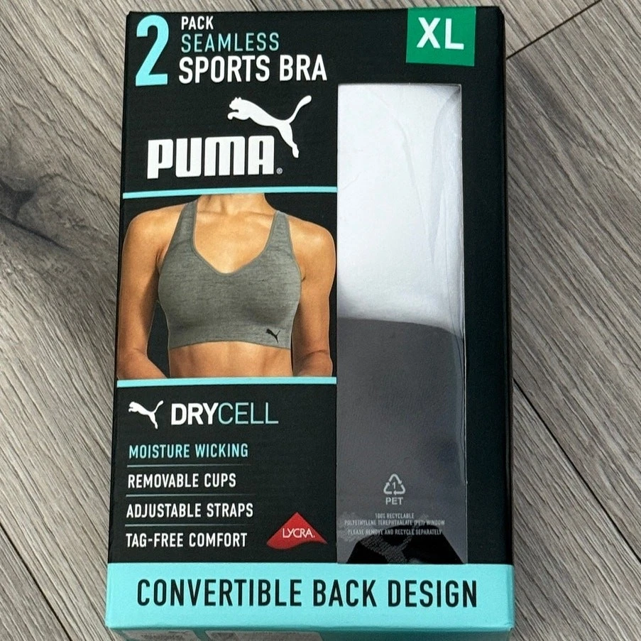 Paquete de 2 sujetadores deportivos convertibles sin costuras Puma para mujer - blanco y negro - talla XL Foto 2 de 4