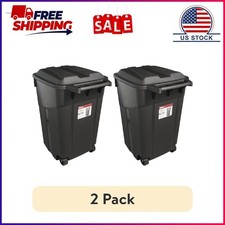  2 pack Hyper Tough 45 Gallon Wheeled Heavy Duty Plastic Garbage Can, Attached