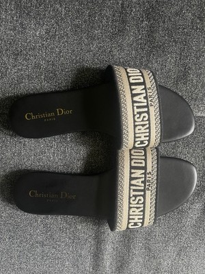Christian Dior Dway Sandals Black Beige Embroidered Logo Flat Mules EU 42 US 9.
