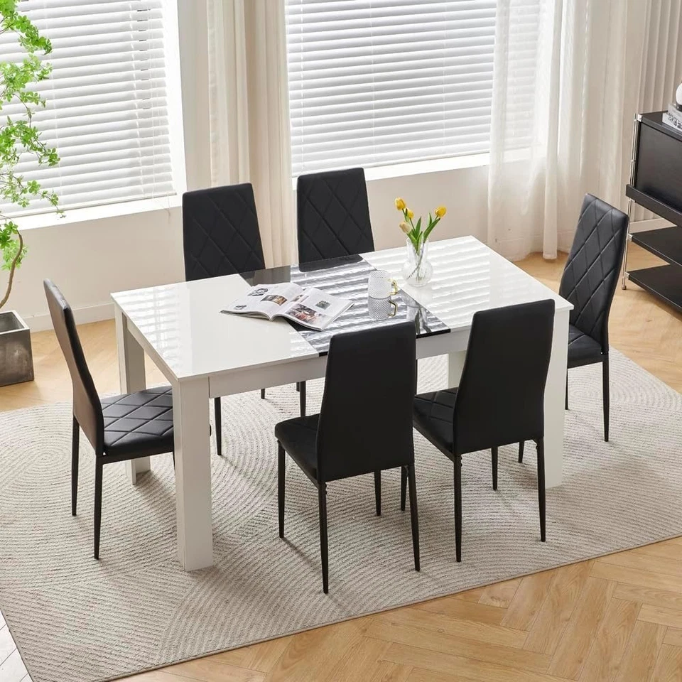 Modern White 7-Piece Dining Table Set with Black Leather Chairs – Space Saving - Image 2 of 4