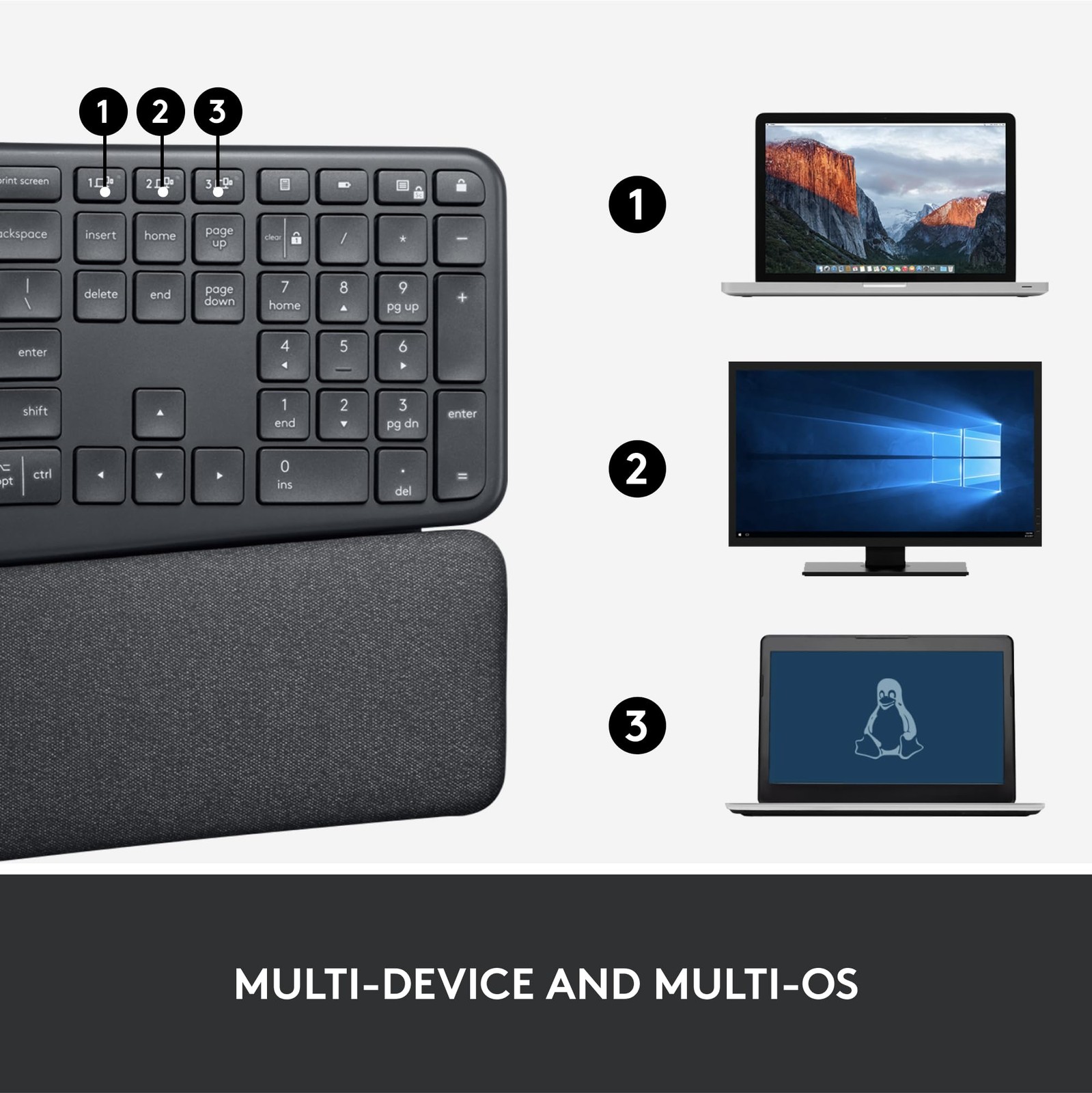 Teclado Logitech Ergo K860 Inalámbrico Bluetooth dividido Grafito, imagen 9