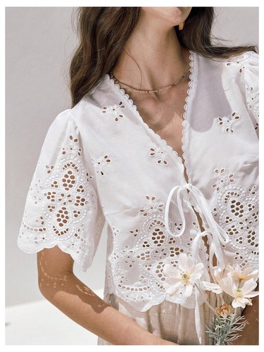 Women's Hollow Tie Front Crop Tops Ruffle Short Sleeve V Neck Summer Blouse S... - Picture 3 of 6