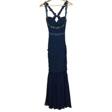 Faviana Couture Navy Blue Ruched Mermaid Prom Dress Beaded Sequin Size 2 Gown