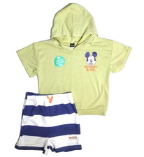 New Mickey Mouse 2 pc short set Hoodie Green Blue White stripe Boys size 5