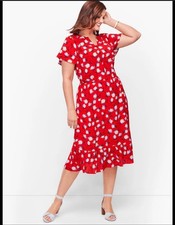 Talbots Plus 22W Red Floral Dress Flounce Hem Short Flutter Sleeve
