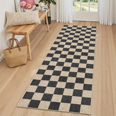 LIVEBOX Washable Runner Rug Checkered, 2x6 Black Runner Rugs for Hallway, Non...