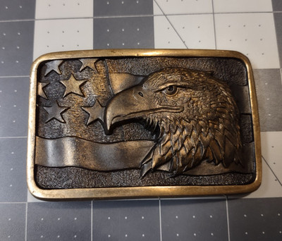 Vintage 1985 Sunwest Buckles Bald Eagle USA Flag Solid Bronze Belt Buckle