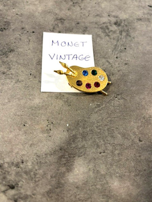 Vintage Monet Paint Palette Gold Tone Brooch With Multi-Colored Rhinestones