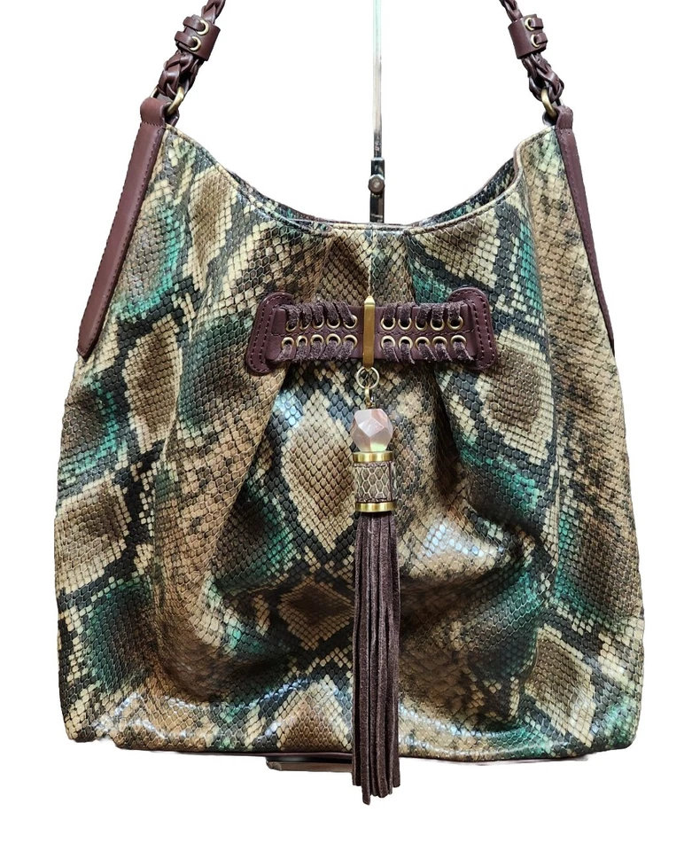 Rafe New York Python Leather Embossed Large Hobo Tote Shoulder Bag Tassel Brown - Image 2 of 4