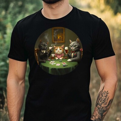 Mens Cat Playing Poker Theme Cotton T-Shirt Size XS to 5XL