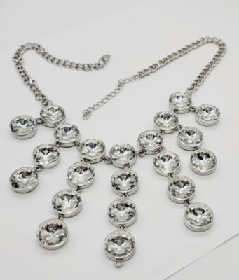 White Crystal Rhinestone Dangle Silver tone Bib Necklace 21'' Wedding Prom Party