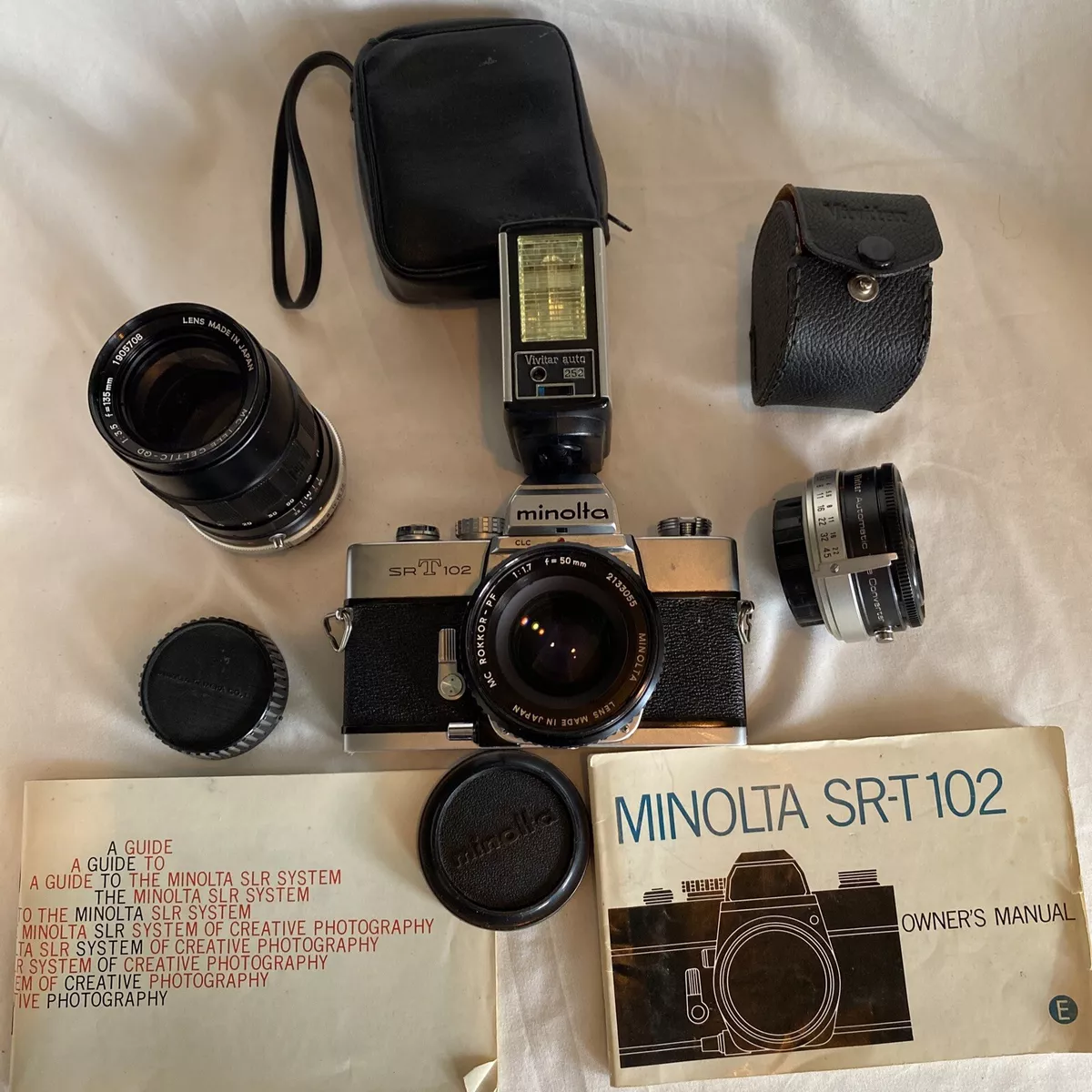 Minolta SRT-102 35mm SLR Film Camera MC Rokkor PF 50mm & 135mm Lens Flash Teleco