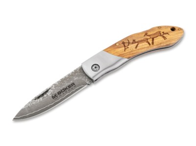 BÖKER MAGNUM Caveman Damast Taschenmesser EDC Holzgriff 42a Back Lock 01RY818DAM