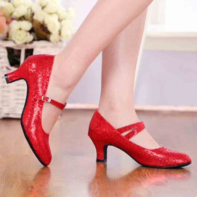 Women Ballroom Latin Tango Rumba Dance Shoes Mid-High Heels Glitter Dance Shoes