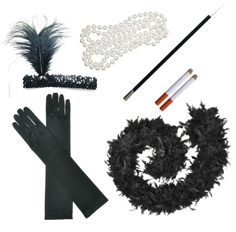 STYLEX PARTY LTD High Quality 1920s Gatsby Costume Feather Boa Accessories Kit Fancy Dress LOT