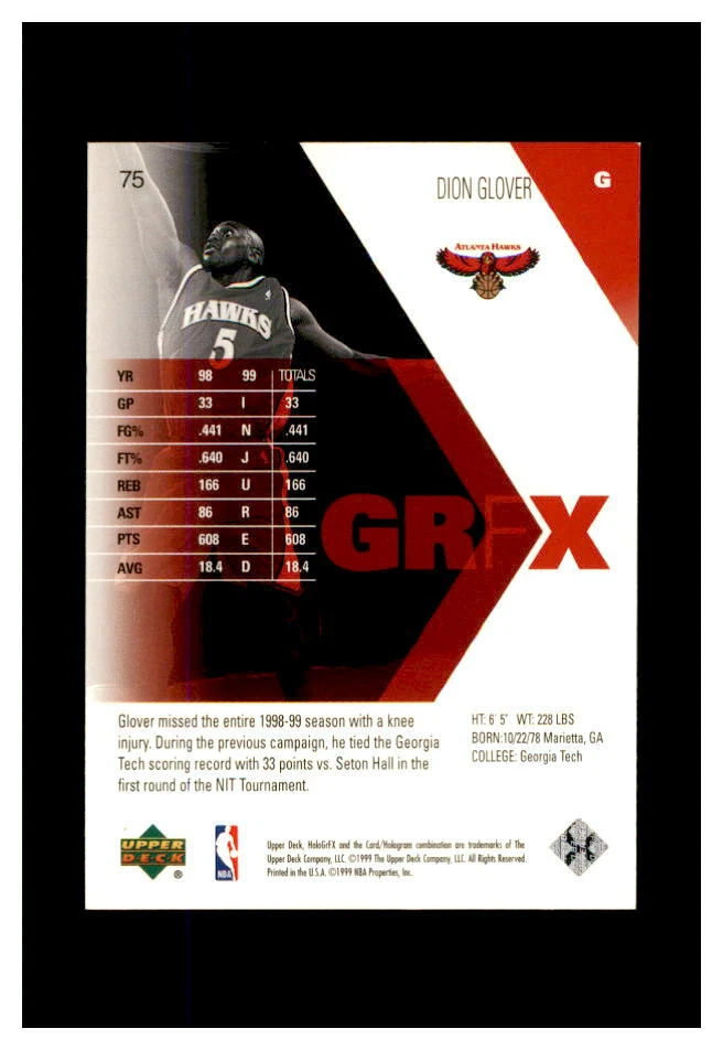 1999-00 UPPER DECK HOLO GRFX  ROOKIE #75 DION GLOVER HAWKS  - Image 2 of 2