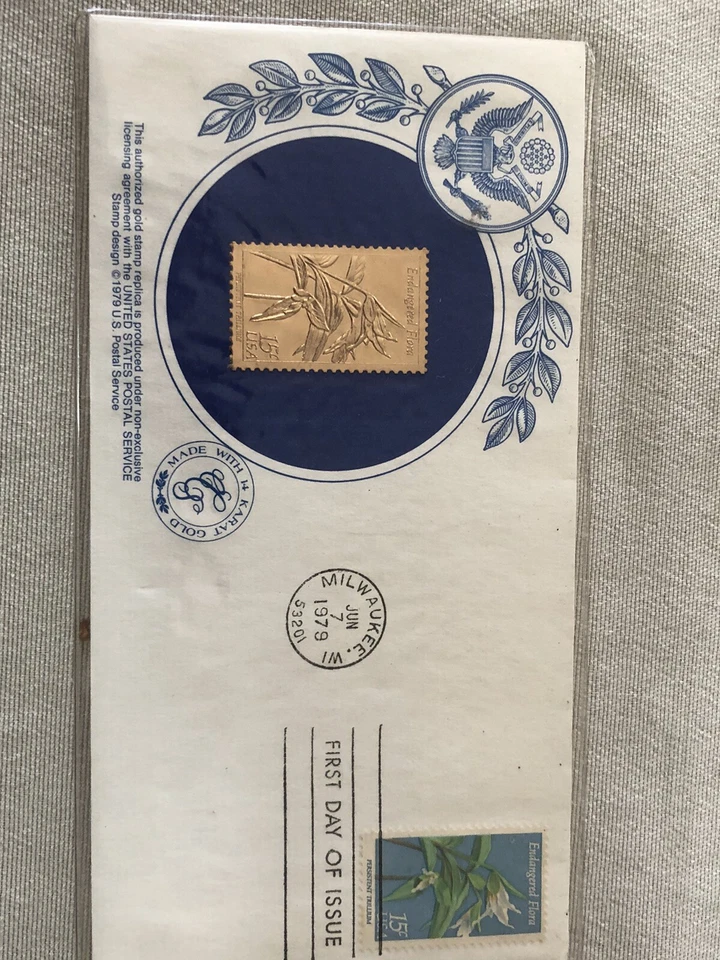 1979 Endangered Flora primeiro dia de emissão capa 15 quilates com selo réplica dourado - Imagem 2 de 4